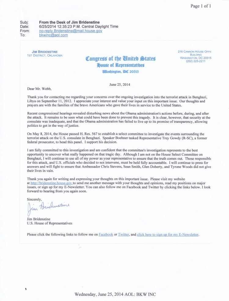 Letter from Bridenstine, June, 2014